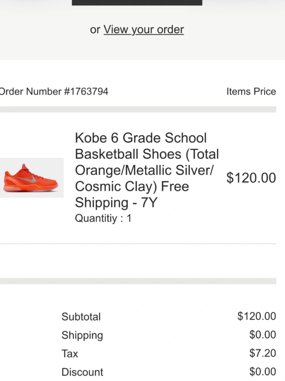 Kobe 6 Protro Total Orange- Size 7 Youth